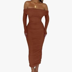 NWT Fashion Nova Rust ruched off shoulder midi dress.